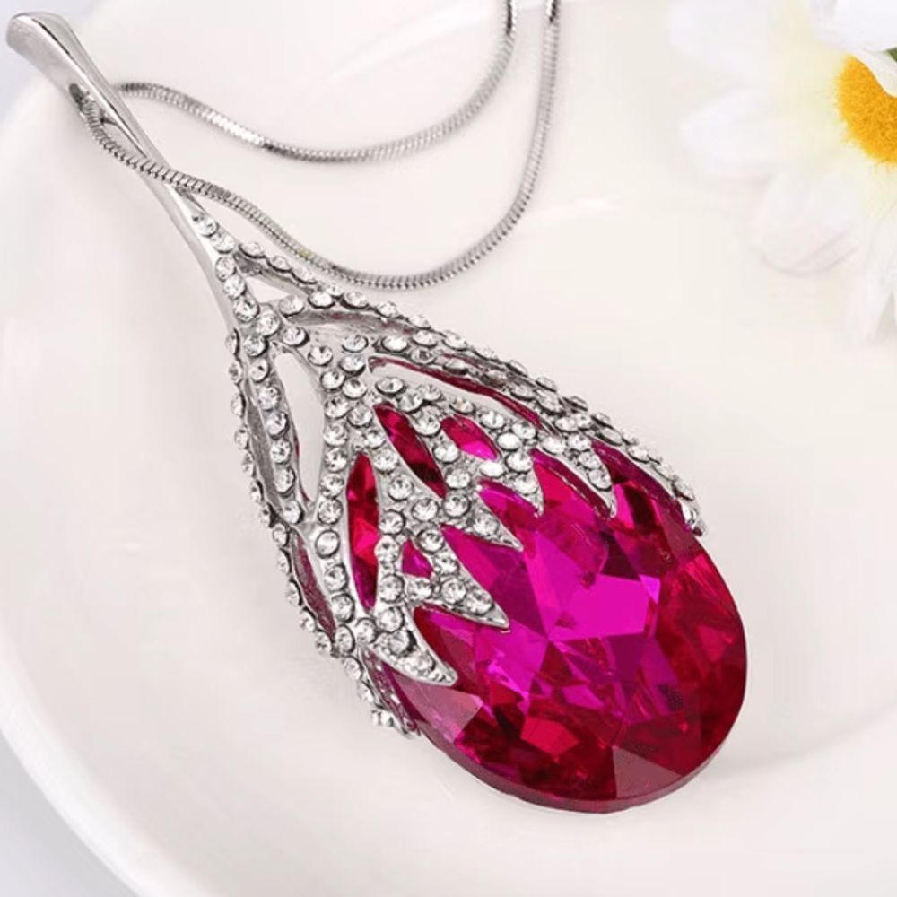 Large Rhinestone Embellished Pink Water drop Pendant Sweater Chain